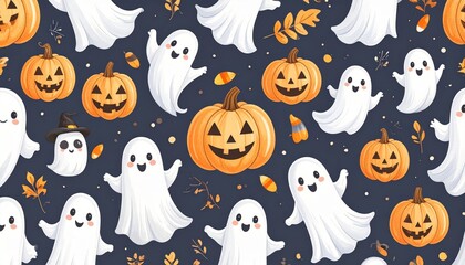 Cartoon ghosts and smiling pumpkins scattered across a dark background with autumn leaves