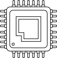 Black and white line drawing of a computer microchip with many pins