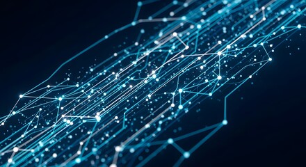 Abstract visualization of a complex digital network with glowing nodes and connecting lines on a dark blue background, representing data flow and connectivity.