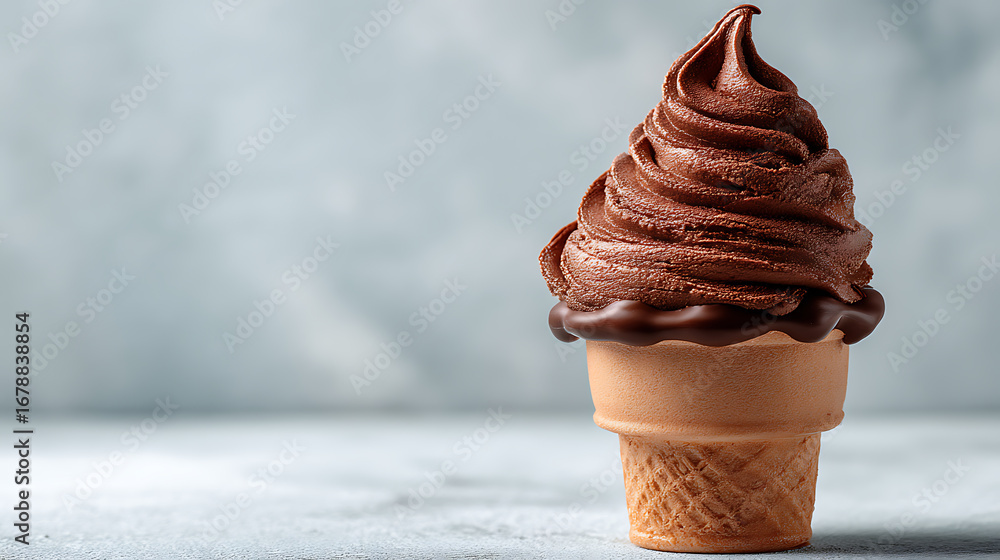Aufkleber chocolate soft serve ice cream in a cone with chocolate sauce against a gray background with copy sp