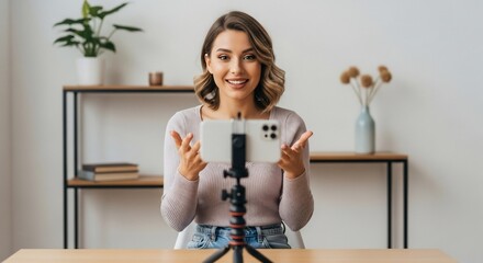 Happy female content creator recording a video on her smartphone.