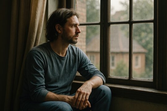 Pensive man gazing outside window.