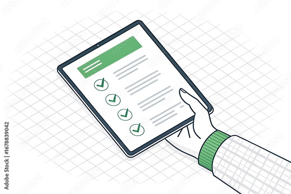 Poster person holding a tablet displaying a checklist with four items marked complete hand