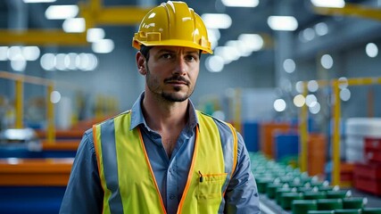 Industrial engineer wearing yellow hard hat and safety vest standing in modern manufacturing factory environment