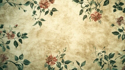 An aged, vintage floral wallpaper pattern covers a textured, parchment-like background. Delicate, reddish-pink roses and green foliage are scattered across the surface, creating a romantic