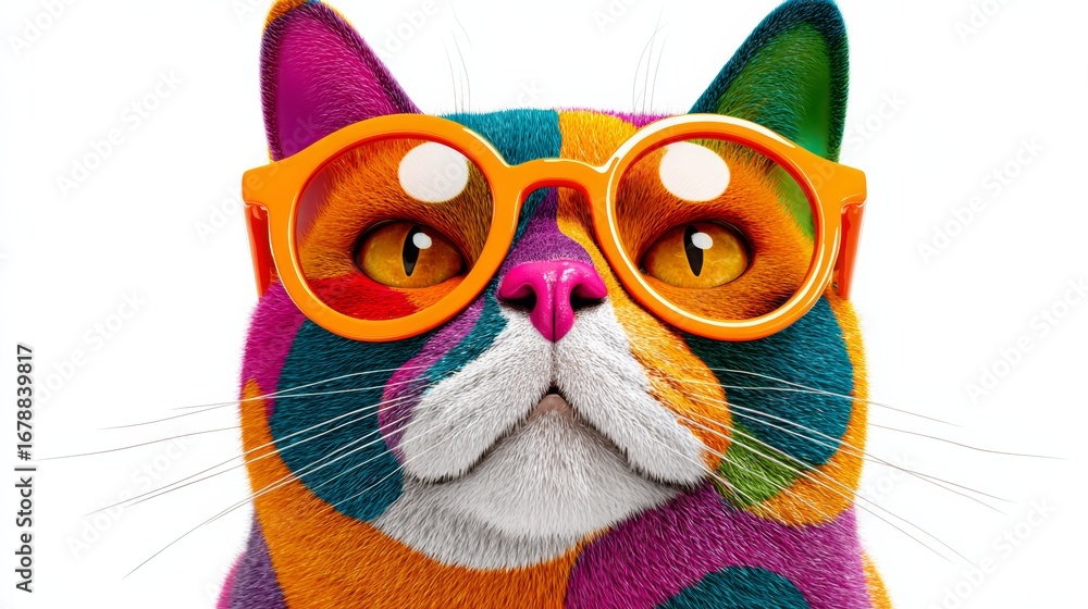 Poster cat wearing glasses with a colorful pattern on its face. the cat's eyes are open and it looks curiou