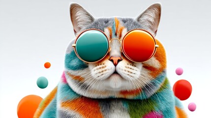 Cat wearing sunglasses and colorful glasses. The cat is wearing a colorful outfit and has a colorful background. The image is bright and cheerful, with a playful and fun vibe