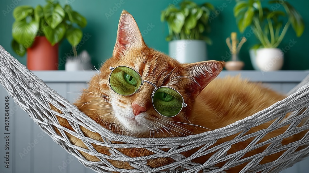 Poster cat wearing sunglasses is laying on a hammock. the hammock is hanging from the ceiling and is surrou