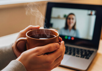 Patient's hands holding a warm cup of tea during a thoughtful moment in an online therapy session
