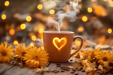 Steaming hot mug with glowing heart design on a rustic wooden table surrounded by autumn flowers and light bokeh.