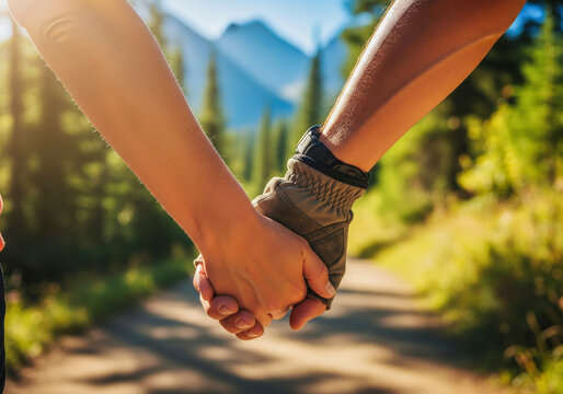 Close-up of a couple's hands holding each other while hiking on a mountain trail in summer