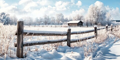 A picturesque winter landscape features a weathered wooden fence bordering a snow-covered field. A small, rustic cabin sits in the background, partially obscured by frosted trees.