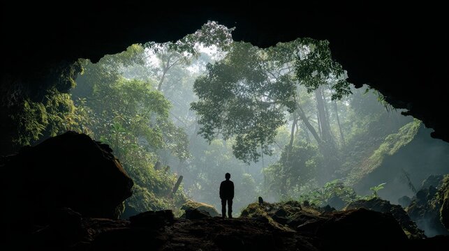 Silhouette of a person exploring the stunning jomblang cave with natural light beams in east java, indonesia, showcasing dramatic cave formations and adventurous travel experience