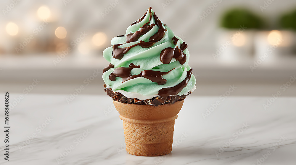 Poster mint chocolate chip ice cream cone with chocolate drizzle on a marble surface.