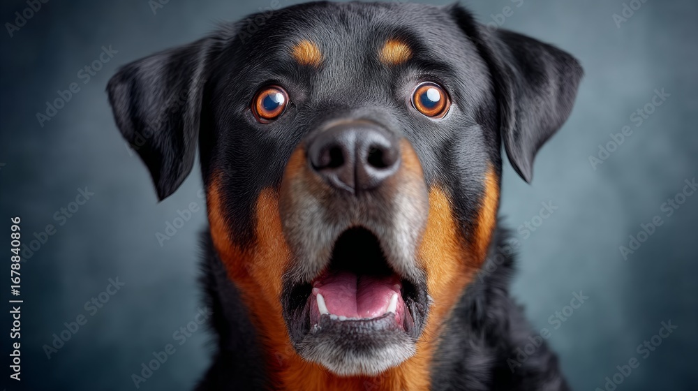 Poster black and brown dog with a surprised expression on its face. the dog's eyes are wide open and its mo