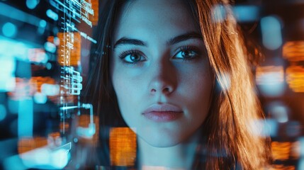 A young woman with auburn hair gazes intently at a holographic display, overlaid with complex digital schematics and glowing lines.