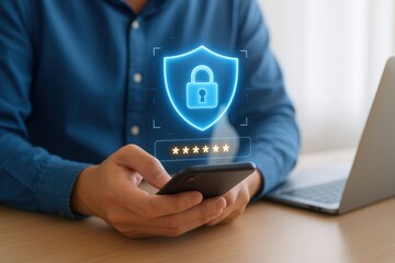 A person interacts with a digital security shield and password entry on a smartphone, highlighting the concept of online security.