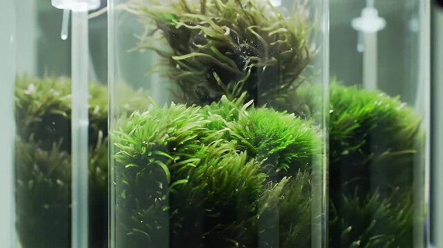 Thriving Green Algae Inside Photobioreactor Tank with Cylindrical Clear Containers and Bright Illumination Perfect for Biotechnology and Marine Biology Research