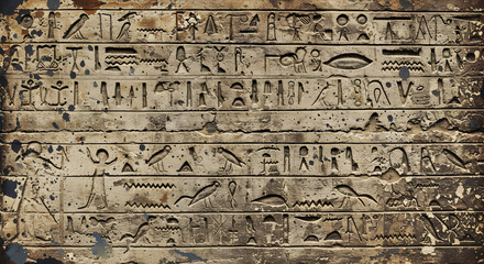 Ancient Stone Carving with Hieroglyphs and Symbolic Images
