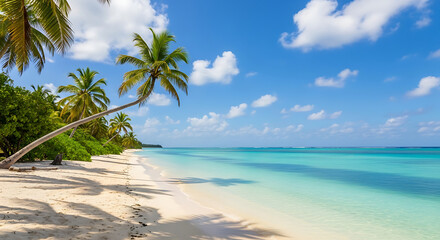 Obraz premium A serene tropical beach with palm trees leaning over the white sand and crystal-clear turquoise water under a bright blue sky with scattered clouds.