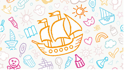 Illustration of a sailboat with two masts surrounded by various doodles and sketches on white background