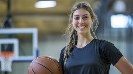 A young woman with long, wavy brown hair wearing a black athletic shirt and a braided hairstyle stands in a basketball court. She is smiling and holding a basketball in front of her.