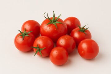 Vibrant red tomatoes with fresh water droplets on a clean background.