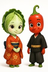 Cartoon vegetables red pepper and cabbage pak-choi on a white background.