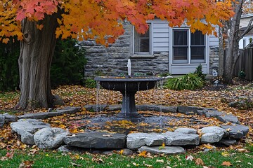 Maple trees in peak autumn color surrounding a quaint garden fountain