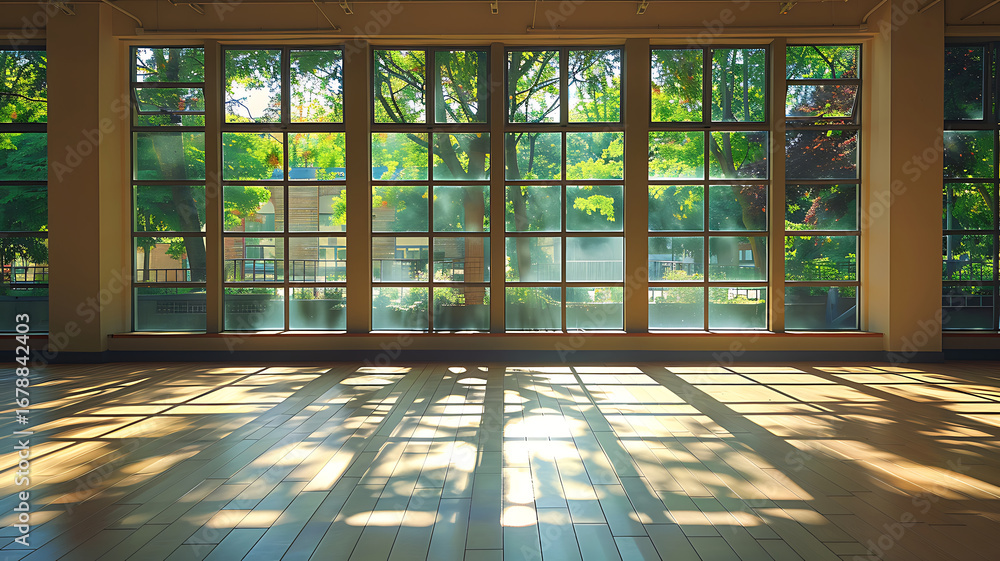 Poster sunlight streaming through large windows into an empty room creates bright patterns on the wooden fl
