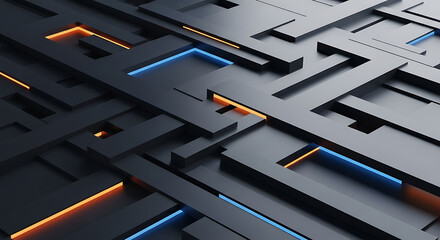 Abstract geometric pattern with illuminated lines of blue and orange light.