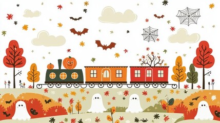 Whimsical Halloween Train with Ghosts, Bats, and Autumn Trees