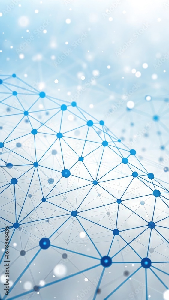 Poster blue interconnected nodes and lines forming a global network pattern with blurred bokeh lights 2025 