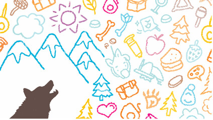 Fototapeta premium Illustration of a wolf howling below mountains with camping and nature themed drawings above it