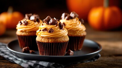 These delightful pumpkin cupcakes are topped with creamy orange frosting and sprinkled with chocolate pieces, making them perfect for fall celebrations and holiday treats.