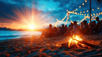 An enchanting scene of a beach bonfire surrounded by friends enjoying a warm twilight, perfect for evoking memories of summer nights filled with laughter and connection.