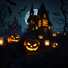 Halloween background with glowing pumpkins, bats and haunted night scene