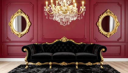 Luxurious red room with black sofa