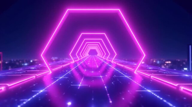 Futuristic abstract animation of glowing purple geometric digital light beam lines forming high-tech tunnel. technology glowing surface, neon night scene, digital science background