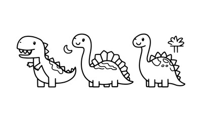 Playful cartoon dinosaurs in a line drawing style enjoying a sunny day in a whimsical landscape with trees and smiles