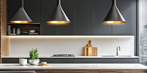 Fototapeta premium A modern kitchen interior features dark gray cabinets with a sleek, minimalist design. Three large, dark metal pendant lights with gold interiors illuminate a white countertop island. 