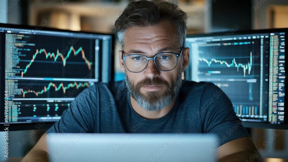 Poster focused man performing financial data analysis using technology in modern workspace environment