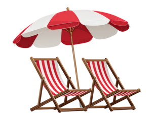Two striped beach chairs under an umbrella, isolated on a transparent background, PNG