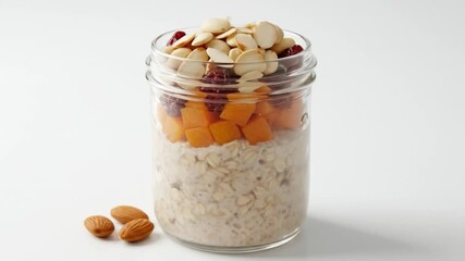 Layered oatmeal jar with fruit and almonds healthy food concept for breakfast and diet - Powered by Adobe
