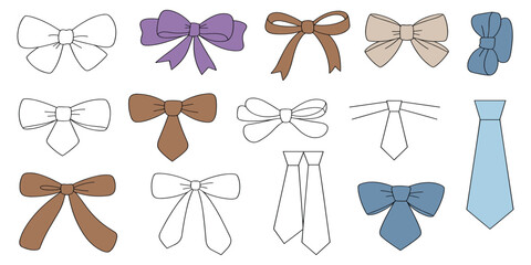 Collection of hand drawn bow ties and neckties in various colors and styles fashion accessory clothing
