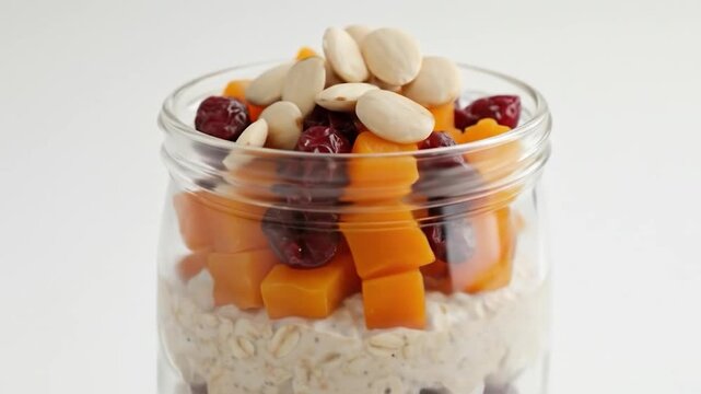 Oatmeal dessert parfait with fruit and nuts in glass jar healthy breakfast food recipe concept