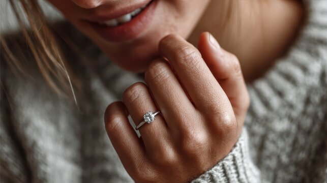 A joyful woman smiling and showcasing a stunning engagement ring on her finger, conveying love, commitment, and the beauty of personal moments in relationships.