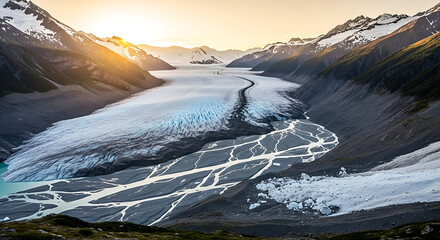 Aerial view of a glacier valley with snow capped mountains and a river at sunset landscape scene ai generated