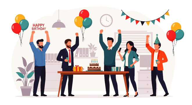 Joyful coworkers celebrate a birthday in the office with cake, gifts, and balloons, expressing excitement and camaraderie.