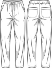 Fashion flat sketch of casual drawstring pants front and back view with pockets drawing illustration